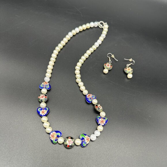Vintage Cloisonne Floral Faux Pearl Necklace Earrings Set Heart Beads Blue Black - Picture 1 of 9
